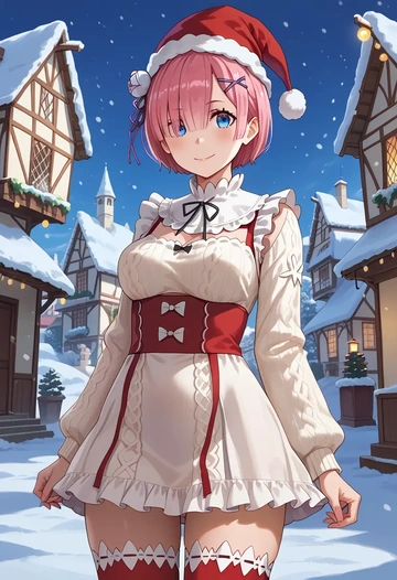 re_zero_kara_hajimeru_isekai_seikatsu,ram_(re_zero),Christmas,sweater dress,stockings  - AI generated anime art