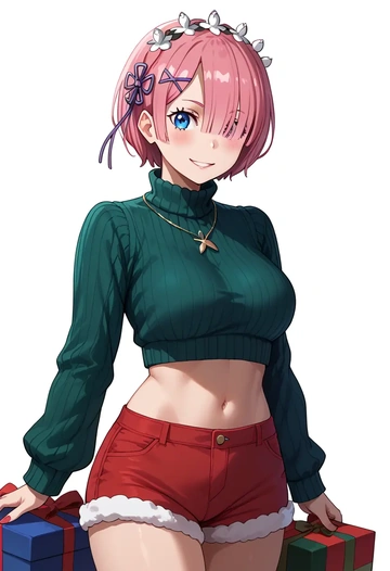 re_zero_kara_hajimeru_isekai_seikatsu,ram_(re_zero),Christmas,red velvet shorts,turtleneck sweater  - AI generated anime art