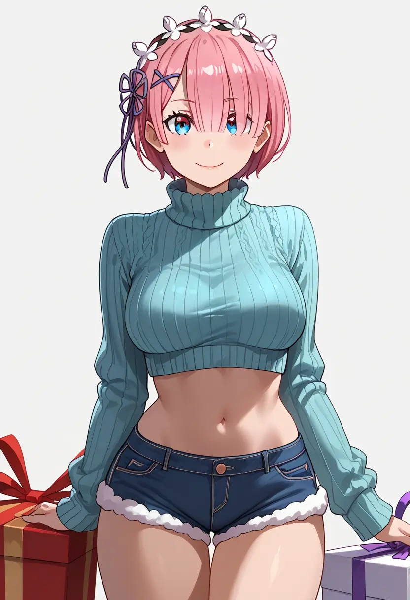 re_zero_kara_hajimeru_isekai_seikatsu,ram_(re_zero),Christmas,red velvet shorts,turtleneck sweater  - 