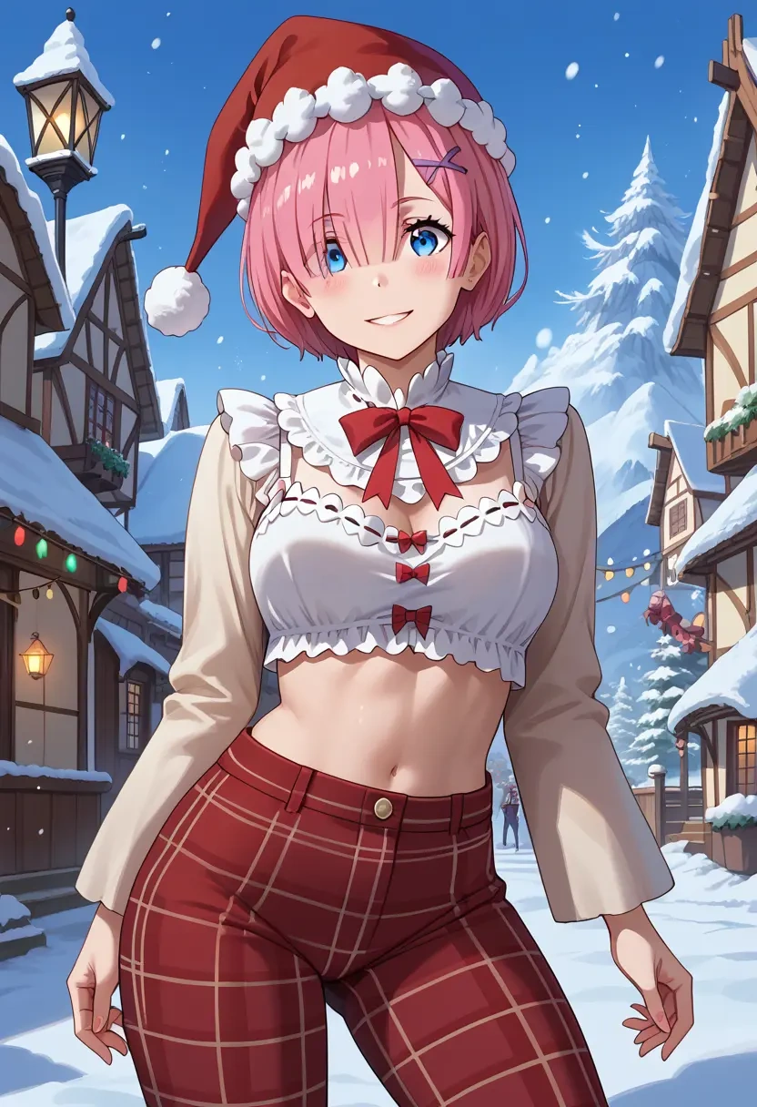 re_zero_kara_hajimeru_isekai_seikatsu,ram_(re_zero),Christmas,plaid trousers  - 