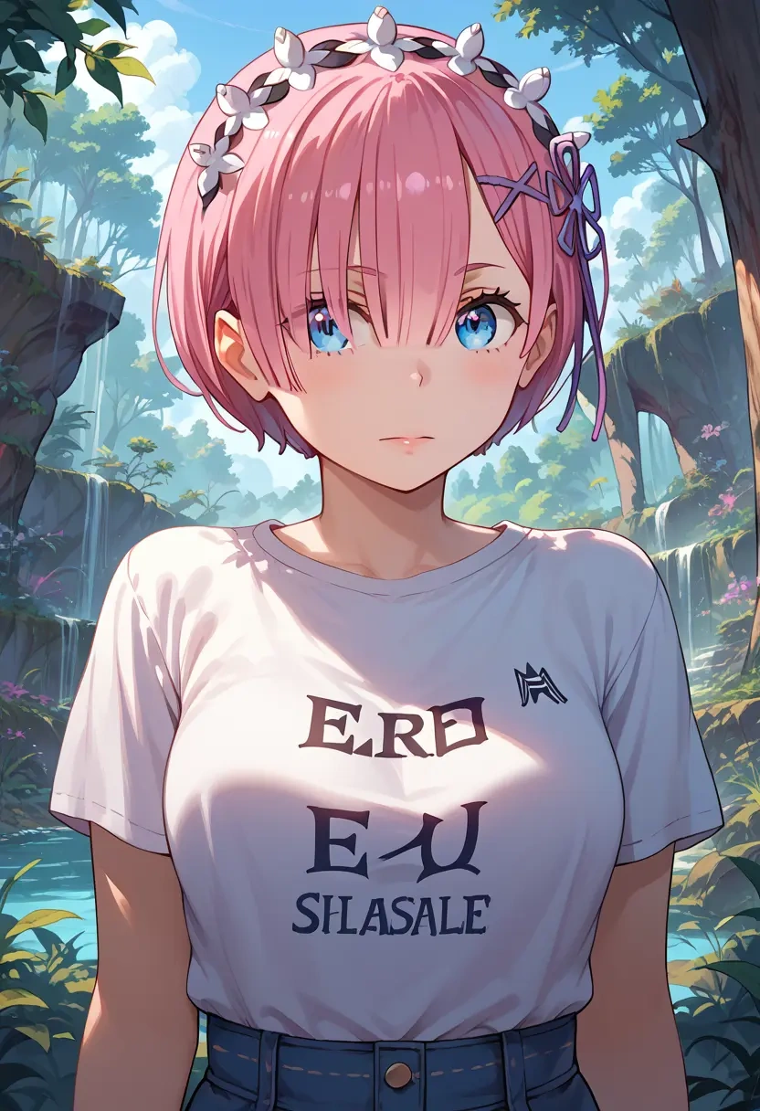 re_zero_kara_hajimeru_isekai_seikatsu,ram_(re_zero),crop graffiti tee,dolphin shorts  - 