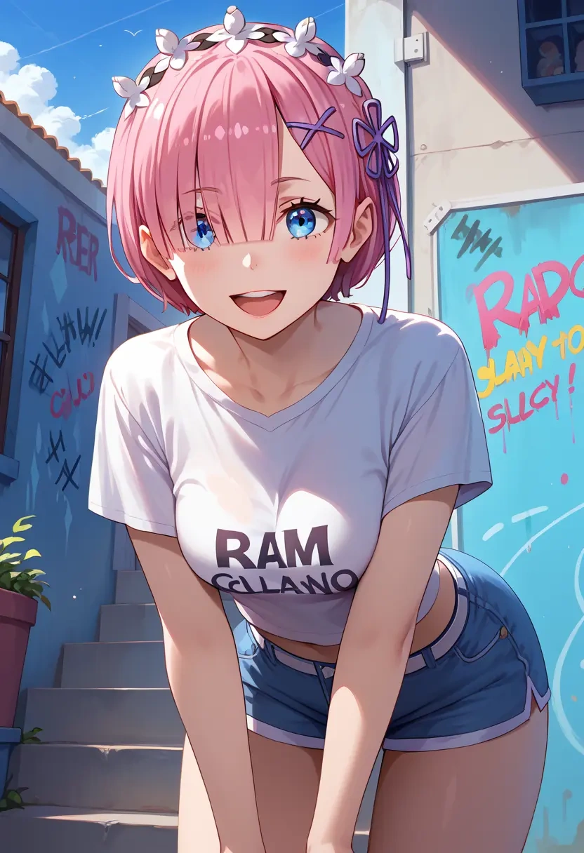 re_zero_kara_hajimeru_isekai_seikatsu,ram_(re_zero),crop graffiti tee,dolphin shorts  - 