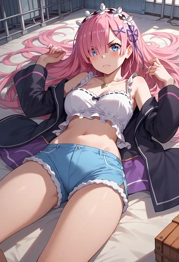 re_zero_kara_hajimeru_isekai_seikatsu,ram_(re_zero),jogger shorts,oversized tank  - AI generated anime art