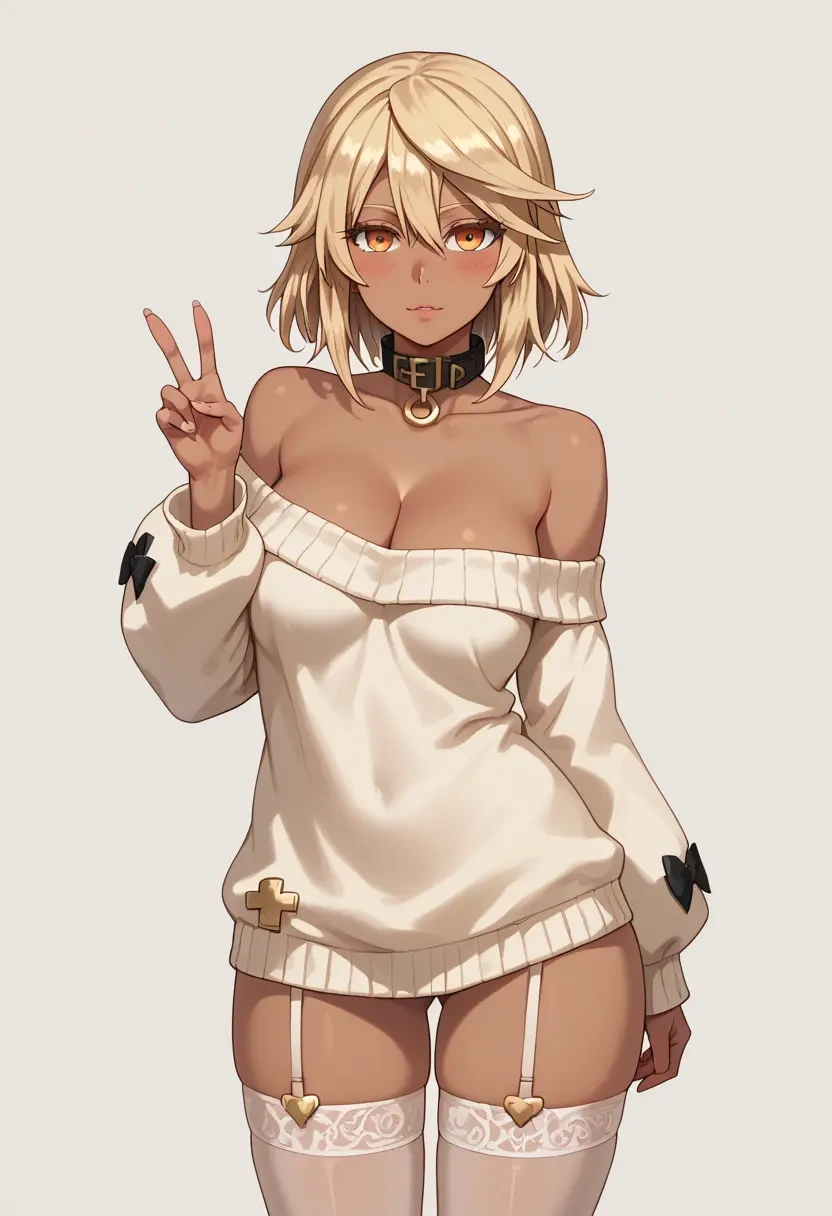 guilty_gear,ramlethal_valentine,blushing,collar,off-shoulder,sweater,stockings  - 