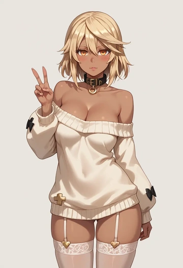 guilty_gear,ramlethal_valentine,blushing,collar,off-shoulder,sweater,stockings  - AI generated anime art