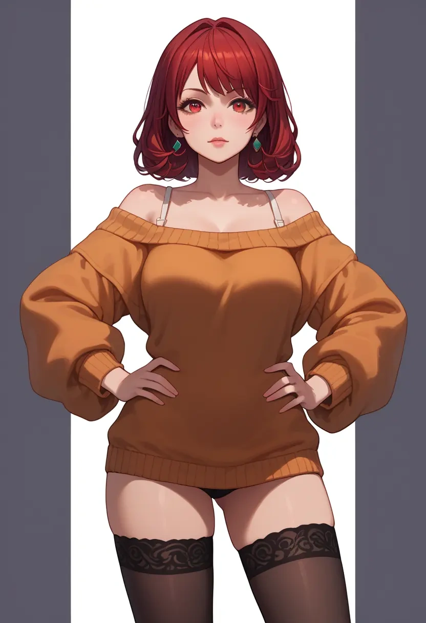 macross,ranka_lee,Hands on hips,off-shoulder,sweater,stockings  - 