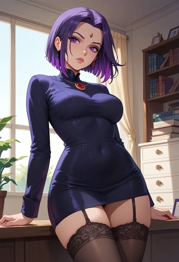 dc_comics,raven,secretary, stockings  - AI generated anime art