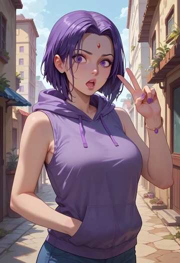 dc_comics,raven,sleeveless hoodie,biker shorts  - AI generated anime art