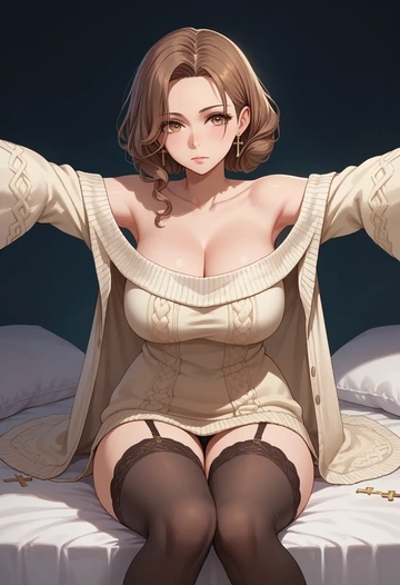 atelier_(series),reisalin_stout,cross-legged,off-shoulder,sweater,stockings  - AI generated anime art