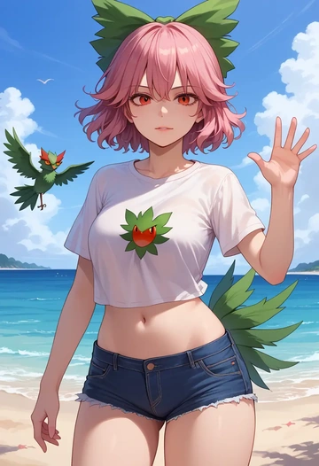 touhou,reiuji_utsuho_(bird),denim shorts  - AI generated anime art