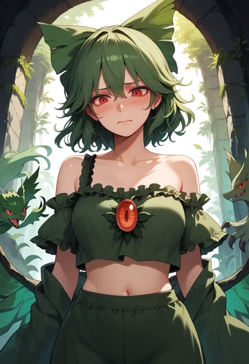 touhou,reiuji_utsuho,off-shoulder top,dolphin shorts  - AI generated anime art