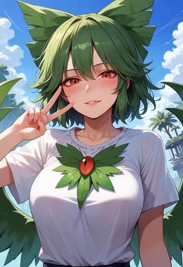 touhou,reiuji_utsuho,handwritten script shirt,dolphin shorts  - AI generated anime art