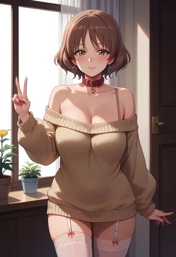 girls_und_panzer,reizei_mako,blushing,collar,off-shoulder,sweater,stockings  - AI generated anime art