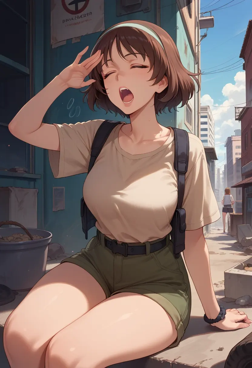 girls_und_panzer,reizei_mako,jogger shorts,oversized tank  - 