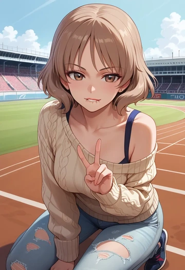 girls_und_panzer,reizei_mako,sweater,off-shoulder,ripped jeans  - AI generated anime art