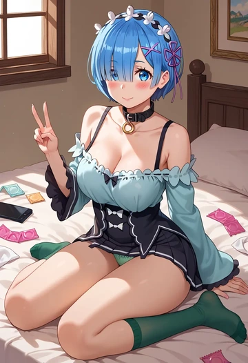 re_zero_kara_hajimeru_isekai_seikatsu,rem_(re_zero),blushing,collar, peace sign, condom,mini skirt,Thigh garters  - AI generated anime art