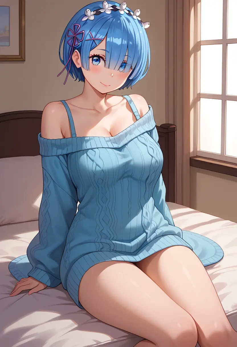 re_zero_kara_hajimeru_isekai_seikatsu,rem_(re_zero),off-shoulder,sweater  - 