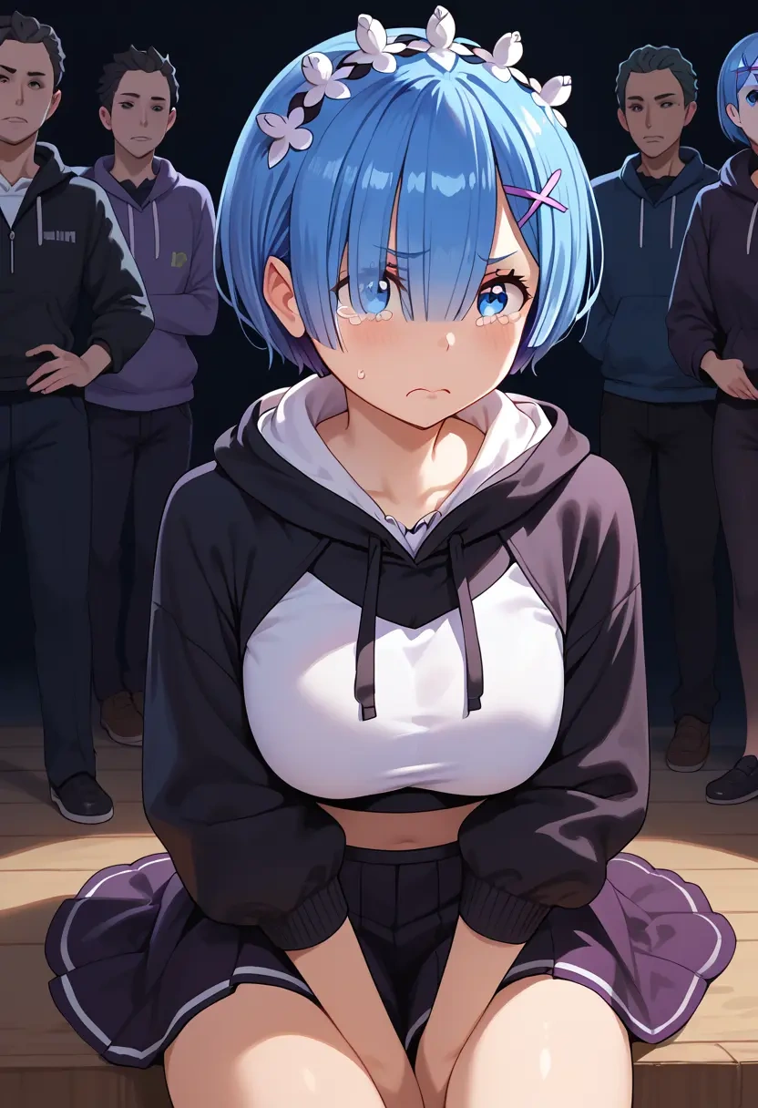 re_zero_kara_hajimeru_isekai_seikatsu,rem_(re_zero),crop hoodie,shorts  - 