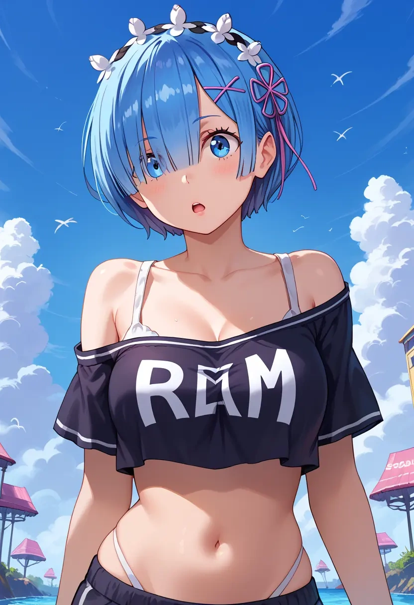 re_zero_kara_hajimeru_isekai_seikatsu,rem_(re_zero),off-shoulder top,dolphin shorts  - 