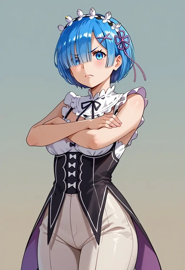 re_zero_kara_hajimeru_isekai_seikatsu,rem_(re_zero),jumpsuit,sleeveless,flare pants  - AI generated anime art