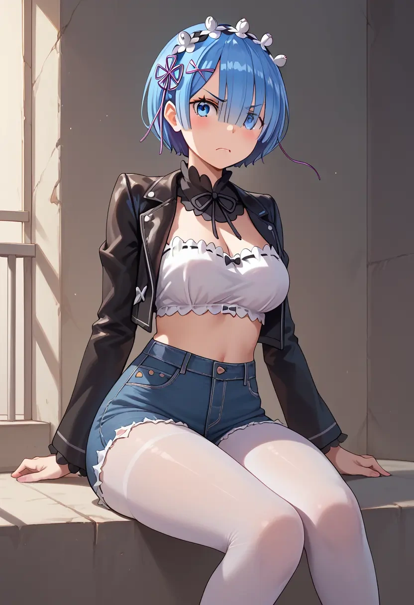 re_zero_kara_hajimeru_isekai_seikatsu,rem_(re_zero),denim jacket,cropped,leather leggings  - 