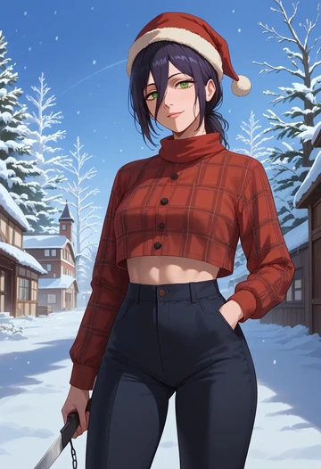 chainsaw_man,reze_(chainsaw_man),Christmas,plaid trousers  - AI generated anime art