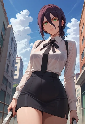 chainsaw_man,reze_(chainsaw_man),bodysuit,mesh,high-waisted skirt  - AI generated anime art