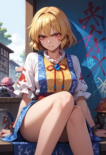 touhou,ringo_(touhou),patchwork graffiti top,dolphin shorts  - AI generated anime art