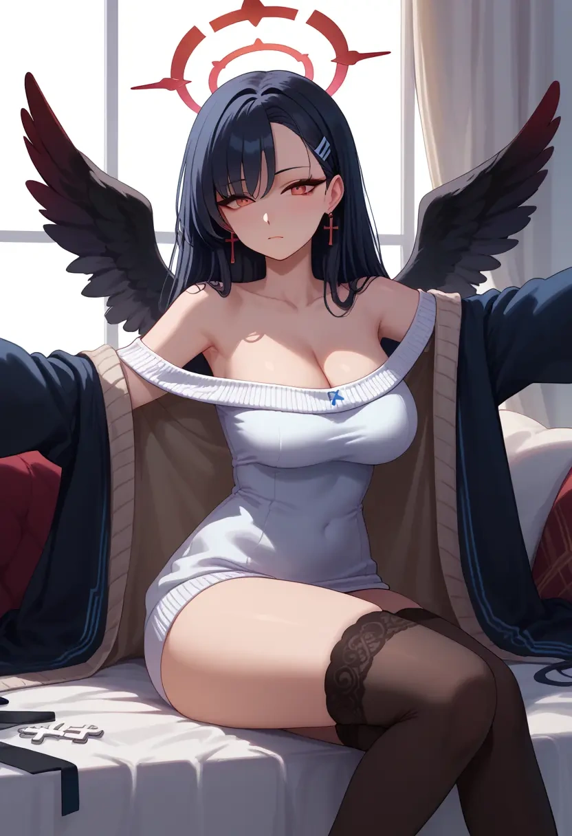 blue_archive,rio_(blue_archive),cross-legged,off-shoulder,sweater,stockings  - 