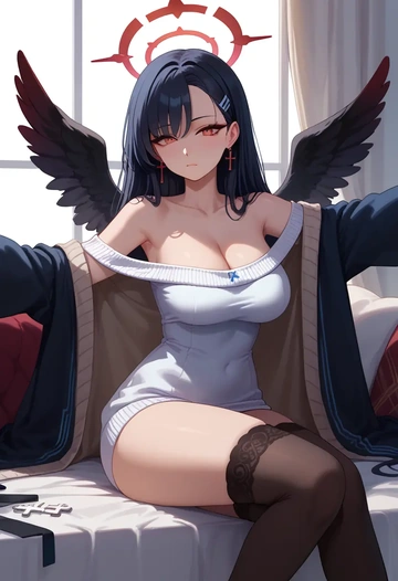 blue_archive,rio_(blue_archive),cross-legged,off-shoulder,sweater,stockings  - AI generated anime art