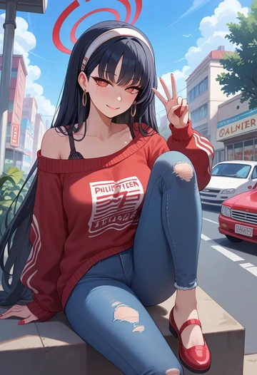 blue_archive,rio_(blue_archive),sweater,off-shoulder,ripped jeans  - AI generated anime art