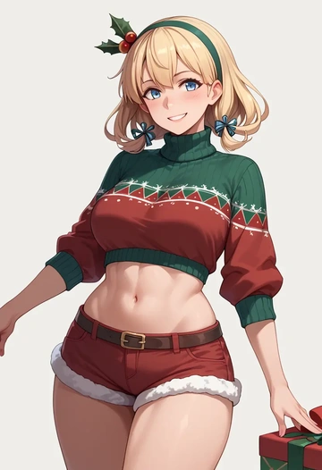 kantai_collection,ro-500_(kancolle),Christmas,red velvet shorts,turtleneck sweater  - AI generated anime art