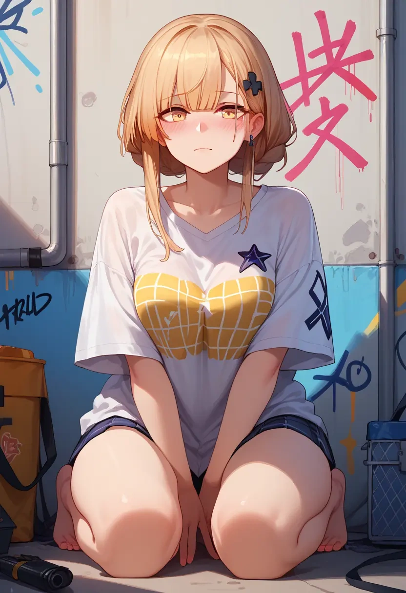 girls_frontline,ro635_(girls_frontline),oversized graffiti shirt,dolphin shorts  - 