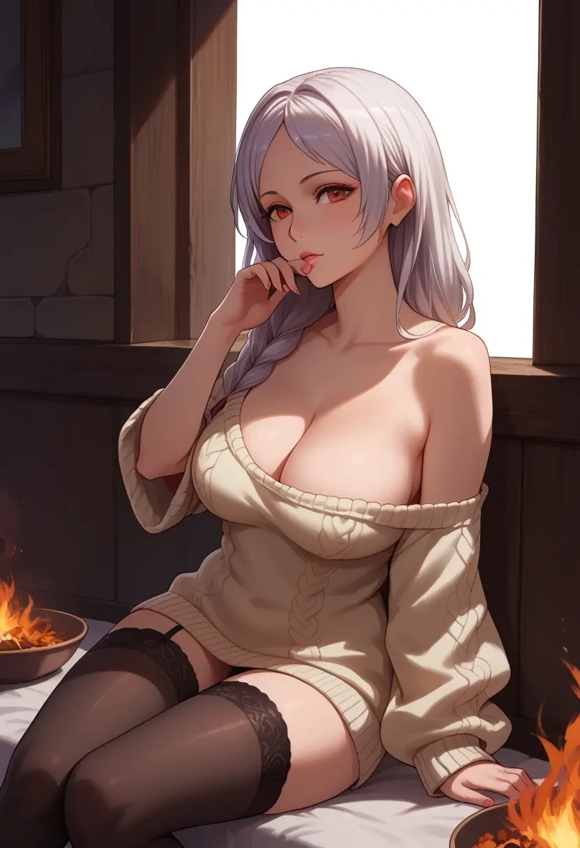 fire_emblem,robin_(fire_emblem),cross-legged,Head resting on hand,off-shoulder,sweater  - 