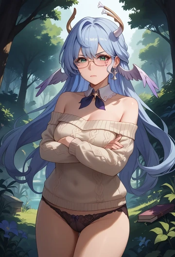 star rail,robin,sweater,panties,off-shoulder,glasses,sexy  - AI generated anime art