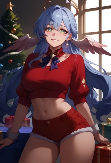 star rail,robin,Christmas,red velvet shorts,turtleneck sweater  - AI generated anime art