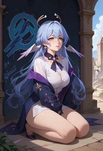 star rail,robin,oversized graffiti shirt,dolphin shorts  - AI generated anime art