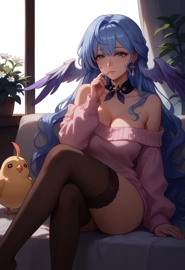 star rail,robin,cross-legged,Head resting on hand,off-shoulder,sweater  - AI generated anime art