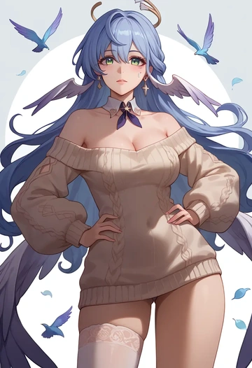 star rail,robin,Hands on hips,off-shoulder,sweater,stockings  - AI generated anime art