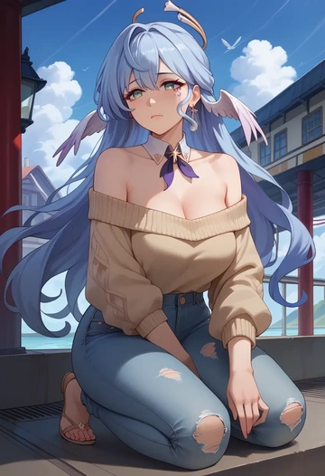 star rail,robin,sweater,off-shoulder,ripped jeans  - AI generated anime art