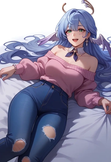 star rail,robin,sweater,off-shoulder,ripped jeans  - AI generated anime art