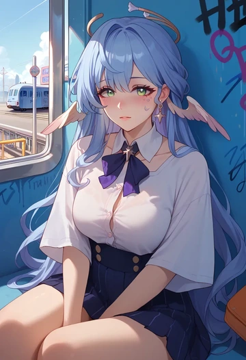 star rail,robin,oversized graffiti shirt,dolphin shorts  - AI generated anime art