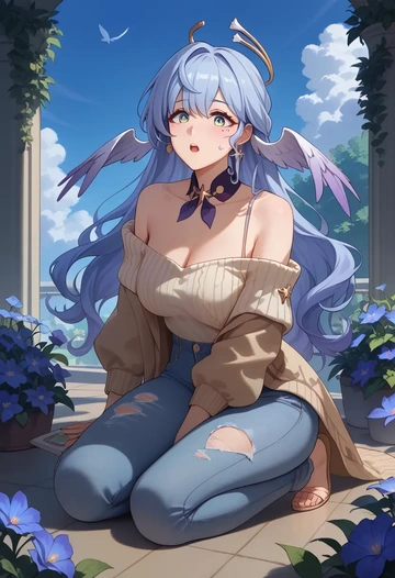 star rail,robin,sweater,off-shoulder,ripped jeans  - AI generated anime art