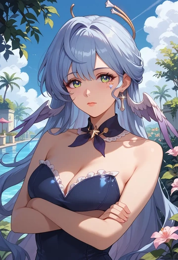 star rail,robin,retro style swimsuit,frilled neckline,bow detail  - AI generated anime art