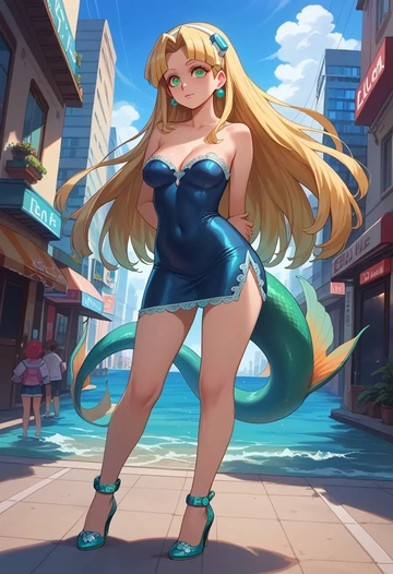 mega_man_(series),roll_(mega_man),gown,strapless,mermaid silhouette  - AI generated anime art