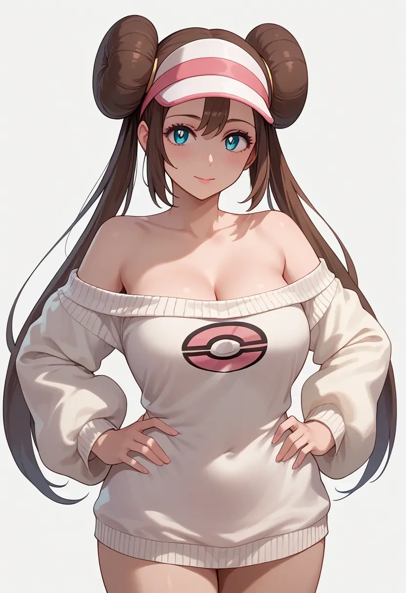 pokemon,rosa_(pokemon),Hands on hips,off-shoulder,sweater  - 