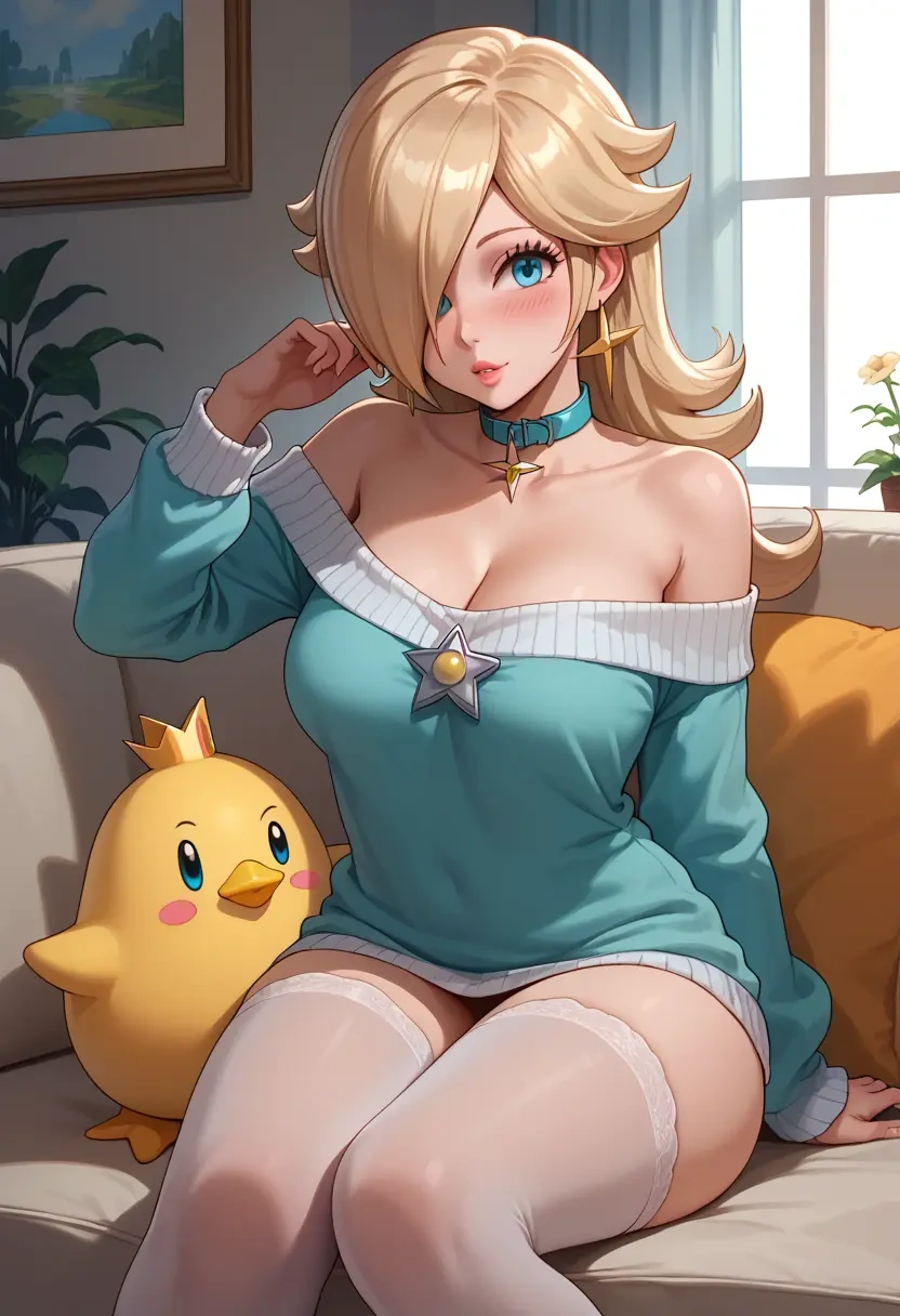 mario_(series),rosalina,blushing,collar,off-shoulder,sweater,stockings  - 