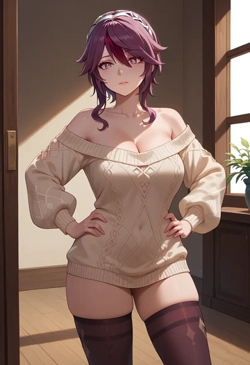 genshin_impact,rosaria_(genshin_impact),Hands on hips,off-shoulder,sweater,stockings  - AI generated anime art