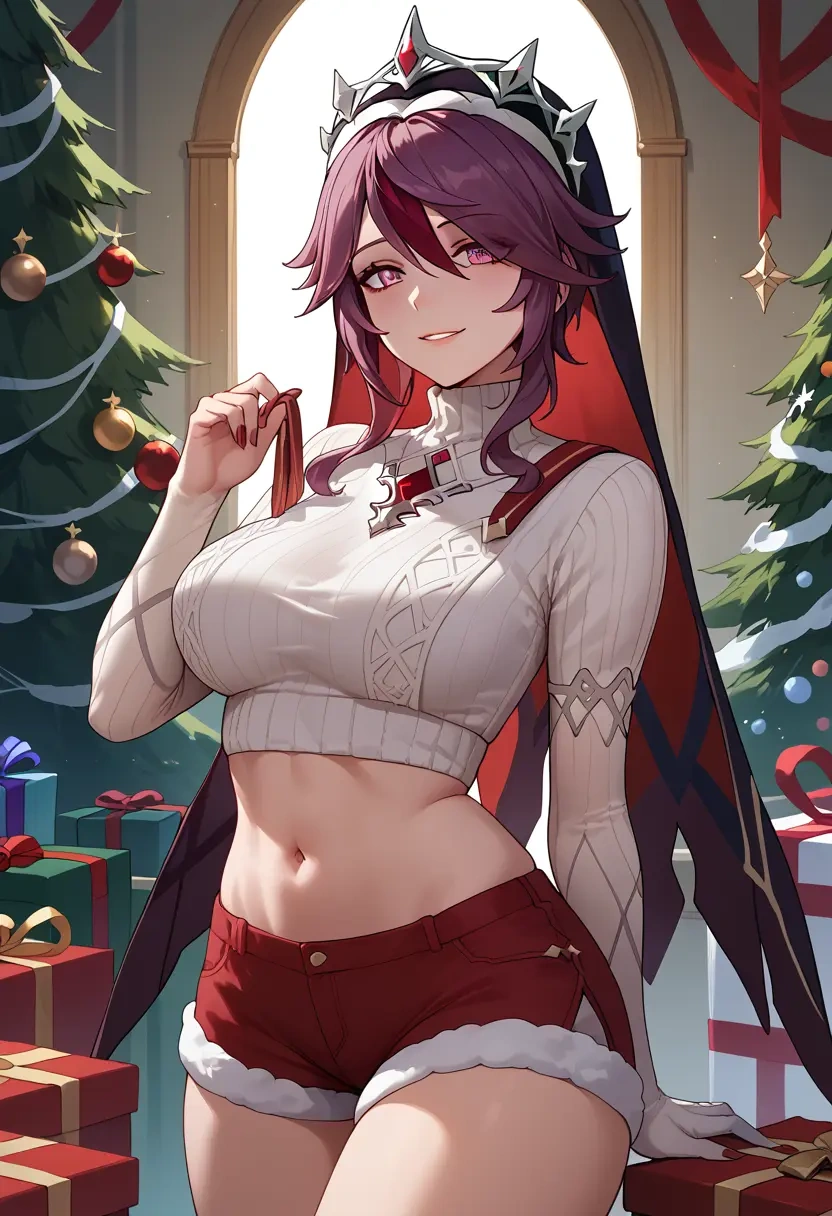 genshin_impact,rosaria_(genshin_impact),Christmas,red velvet shorts,turtleneck sweater  - 