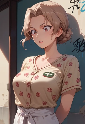 girls_und_panzer,rosehip_(girls_und_panzer),silk graffiti shirt,dolphin shorts  - AI generated anime art